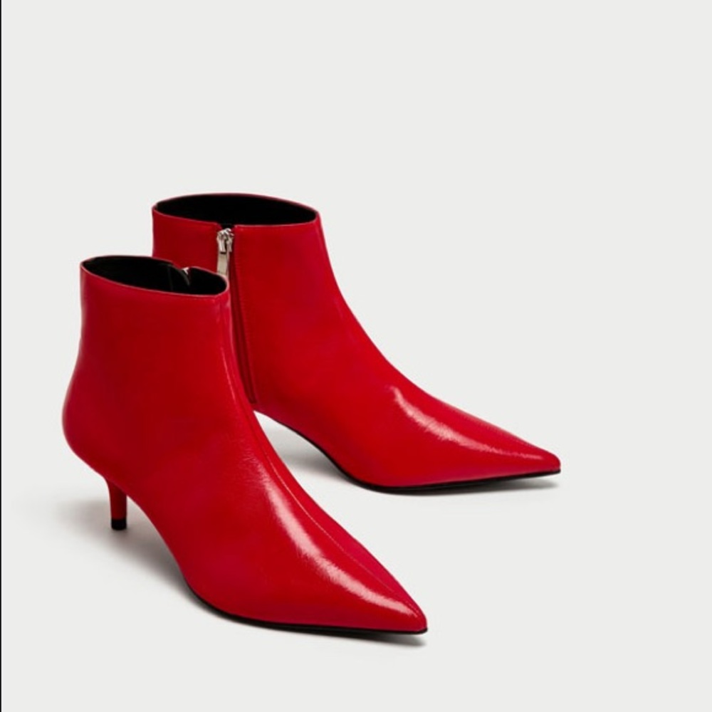 Zara Red Mid Heel Ankle Boots